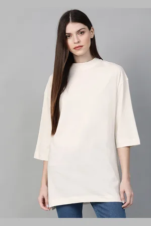 Roadster Women Off-White Solid High Neck Oversized Longline T-shirt