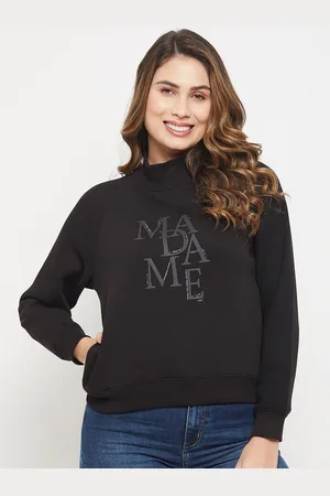 MADAME Women Printed Mock Collar Cotton Sweatshirt