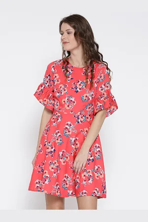 Sera Women Coral Red Floral Print Fit & Flare Dress