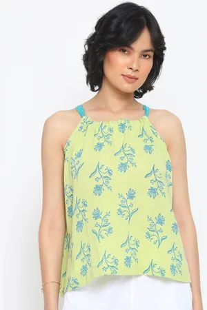 Fabindia Women Green & Blue Floral Print Pure Cotton Top