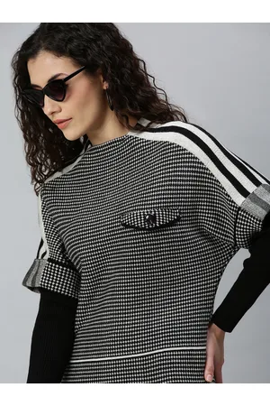 Campus Women Black & White Self Designed Pullover Sweater