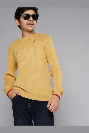 Nautica Boys Mustard Yellow Self Design Cable Knit Round Neck Pullover