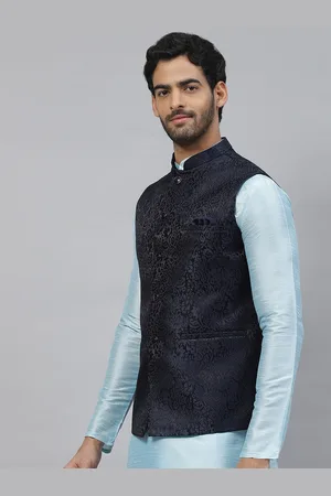 ESSAS club Men Floral Jacquard Weave Nehru Jacket with Pocket Square
