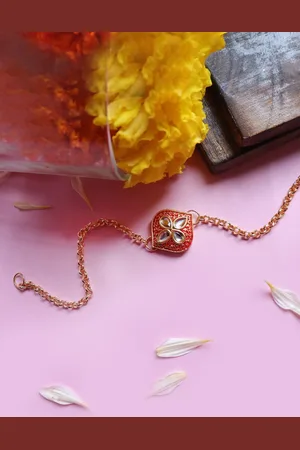 Soho Boho Studio Men Red Paisley Leaf Kundan Work Rakhi with Chain Bracelet