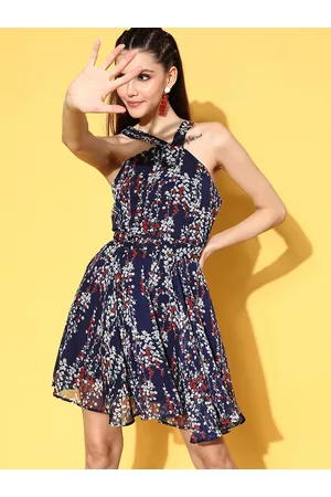 Berrylush Women Navy Blue Floral New Neckline Dress
