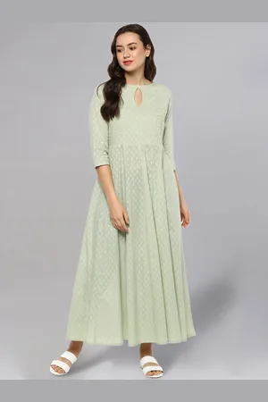 IDALIA Self Design Cotton Keyhole Neck A-Line Maxi Ethnic Dress