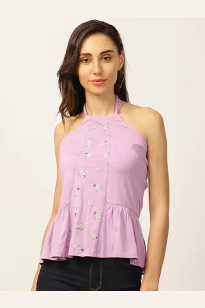Elle Women Purple Printed Round Neck T-shirt