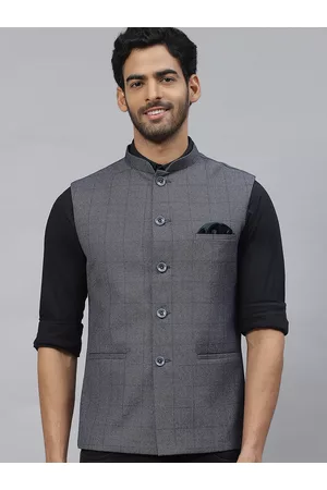 ESSAS club Men Checked Nehru Jacket with Pocket Square