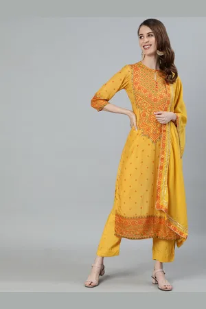 Ishin Women Mustard Ethnic Motifs Panelled Pure Silk Kurti with Trousers & With Dupatta