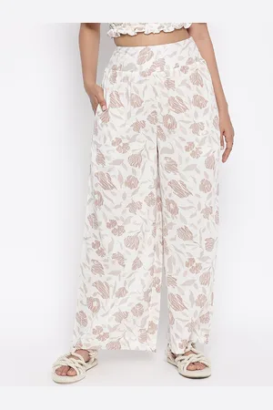 Fabindia Women White Floral Printed Pleated Cotton Trousers