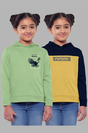 HELLCAT Girls Green Printed Hooded Cotton Sweatshirt