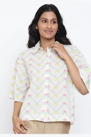 Fabindia Women White & Pink Printed Cotton Casual Shirt