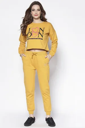 Sera Women Yellow & Black Printed Cotton Tracksuit
