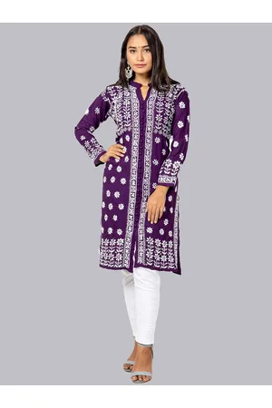 FAWOMENT Women Violet Geometric Printed Thread Work Kurta