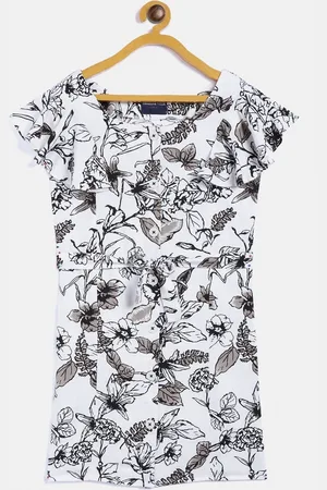 Crimsoune Club Girls Black & White Floral Printed Round Neck Bodycon Dress