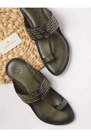 House of Pataudi Men Olive Green & Gold-Toned Handcrafted Synthetic Leather Braided One-Toe Sandals