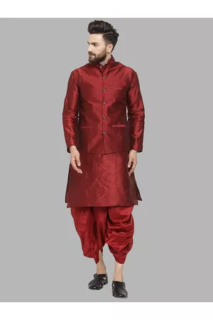 Royal Kurta Men Maroon Kurta with Dhoti Pants & Nehru Jacket