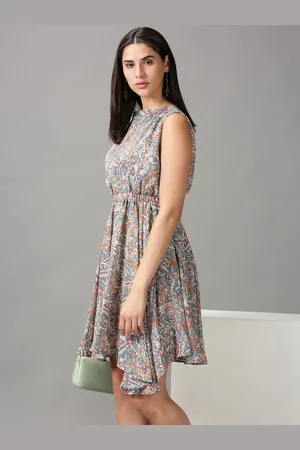 SHOWOFF Women Olive Green Ethnic Motifs Chiffon Dress