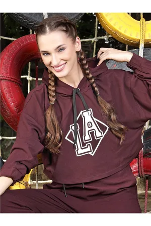 Sera Women Burgundy Printed Hooded Sweatshirt