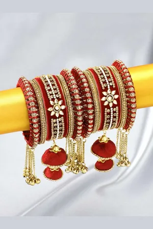 Peora Set Of 10 Gold-Toned & Maroon Designer Silk Thread Bridal Wedding Bangles
