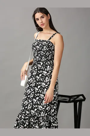 SHOWOFF Women Black & White Floral Crepe A-Line Midi Dress