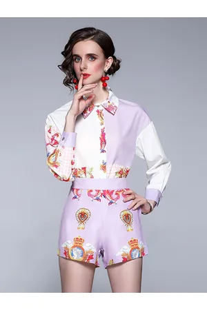 JC Collection Women Lavender & White Printed Shirt with Short Co-Ords Set