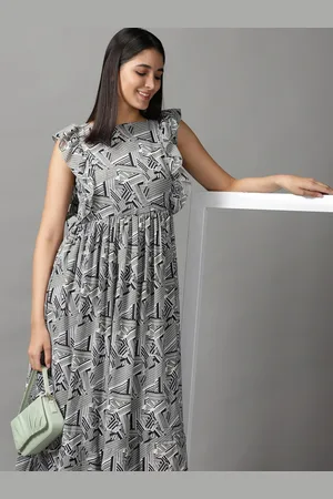SHOWOFF Women Grey & White Chiffon Maxi Midi Dress