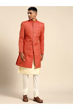 KISAH Men Printed Silk Blend Kurta Indowestern Sherwani Set