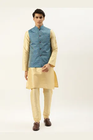 SOJANYA Men Beige Solid Kurta Set With Printed Jacket