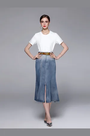 JC Collection Women Blue & White T-Shirt With Skirt