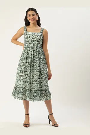 Ethnovog White Black Printed Fit Flare Knee Length Dress