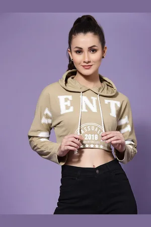 KASSUALLY Women Printed Hooded Crop Sweatshirt