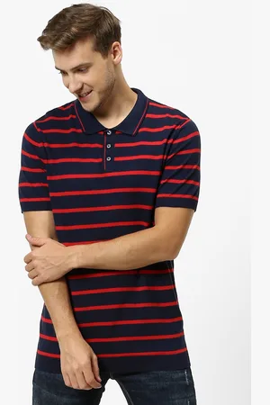 Celio Men Navy Blue Striped Polo Collar Pure Cotton T-shirt