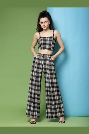 KASSUALLY Women Brown & White Checked Top with Trousers