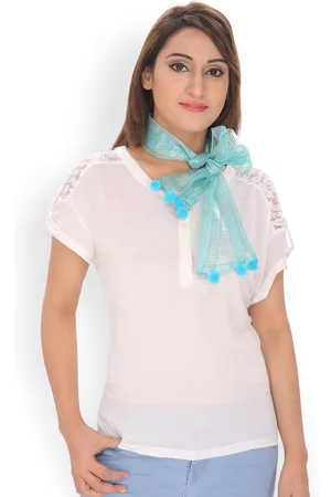 Anekaant Blue & White Self-Striped Scarf with Pom-Pom Detail