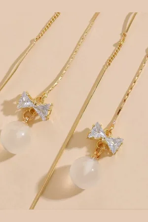 Yellow Chimes Women Gold-Toned Long Chain Tassel Bow Knot Shape Pearl Drop Earrings