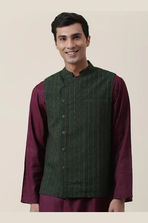 Fabindia Men Green Woven Design Pure Cotton Nehru Jacket