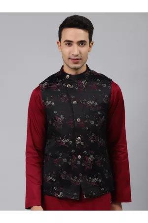 MANQ Men Black Woven Jaquard Silk Nehru Jacket
