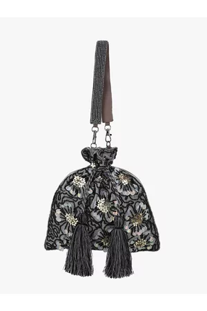 Anekaant Women Grey & Black Embellished Tasselled Potli Clutch