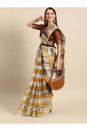Sangria Mustard Yellow & White Pure Linen Tie & Dyed Saree