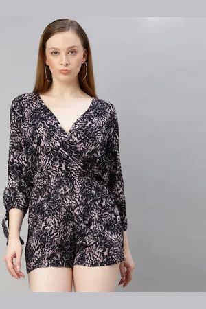 Sera Women Black & Grey Printed Playsuit with Wrap Front Tie Knot