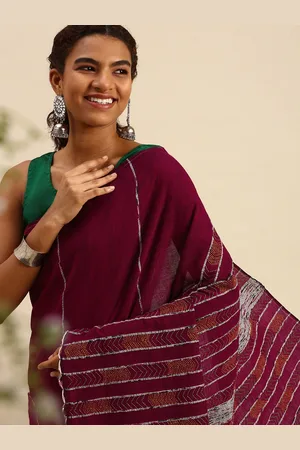 ArtEastri Maroon Ethnic Motifs Embroidered Pure Cotton Khesh Kantha Saree With Blouse Piece