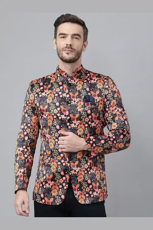 Hangup Men Navy Blue Printed Single Breasted Casual Blazer