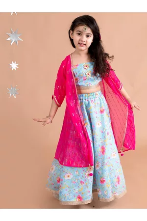 pspeaches Girls Blue & Pink Printed Ready to Wear Lehenga Choli