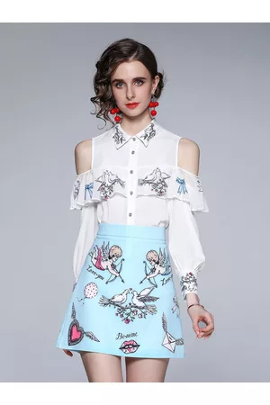 JC Collection Women White & Blue Printed Shirt with Skirt
