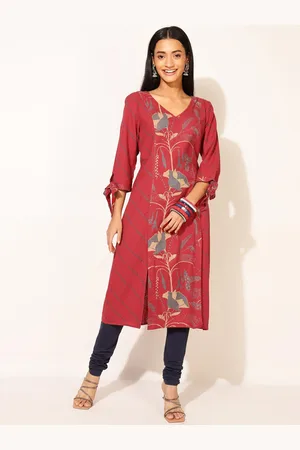 Fabindia Women Maroon & Beige Floral Embroidered Kurta