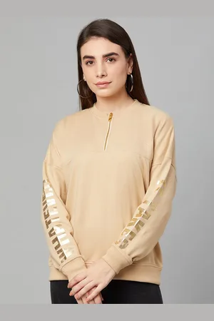 Club York Women Beige Typography Printed Cotton Sweatshirt