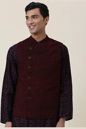 Fabindia Men Black & Maroon Printed Woven Cotton Nehru Jacket
