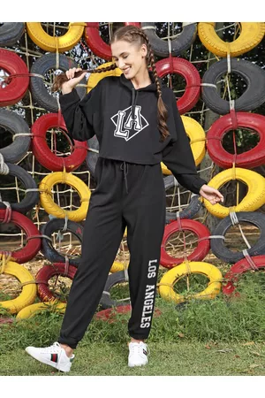 Sera Women Black Printed Sweatshirt With Joggers Hood Co-Ords