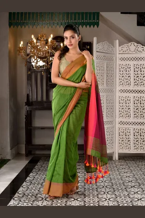 Charukriti Green & Pink Handloom Pure Cotton Saree